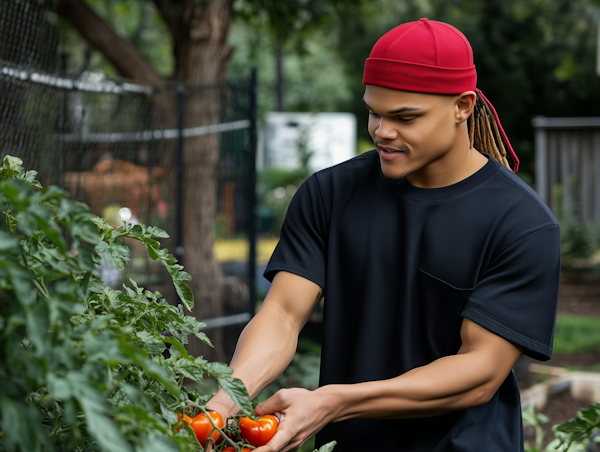 Man Harvesting Tomatoes in Garden