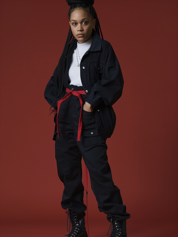 Fashionable Young Woman Against Red Backdrop