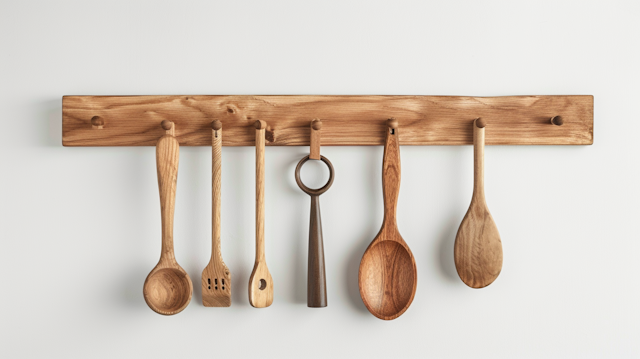 Wooden Kitchen Utensils on Rack