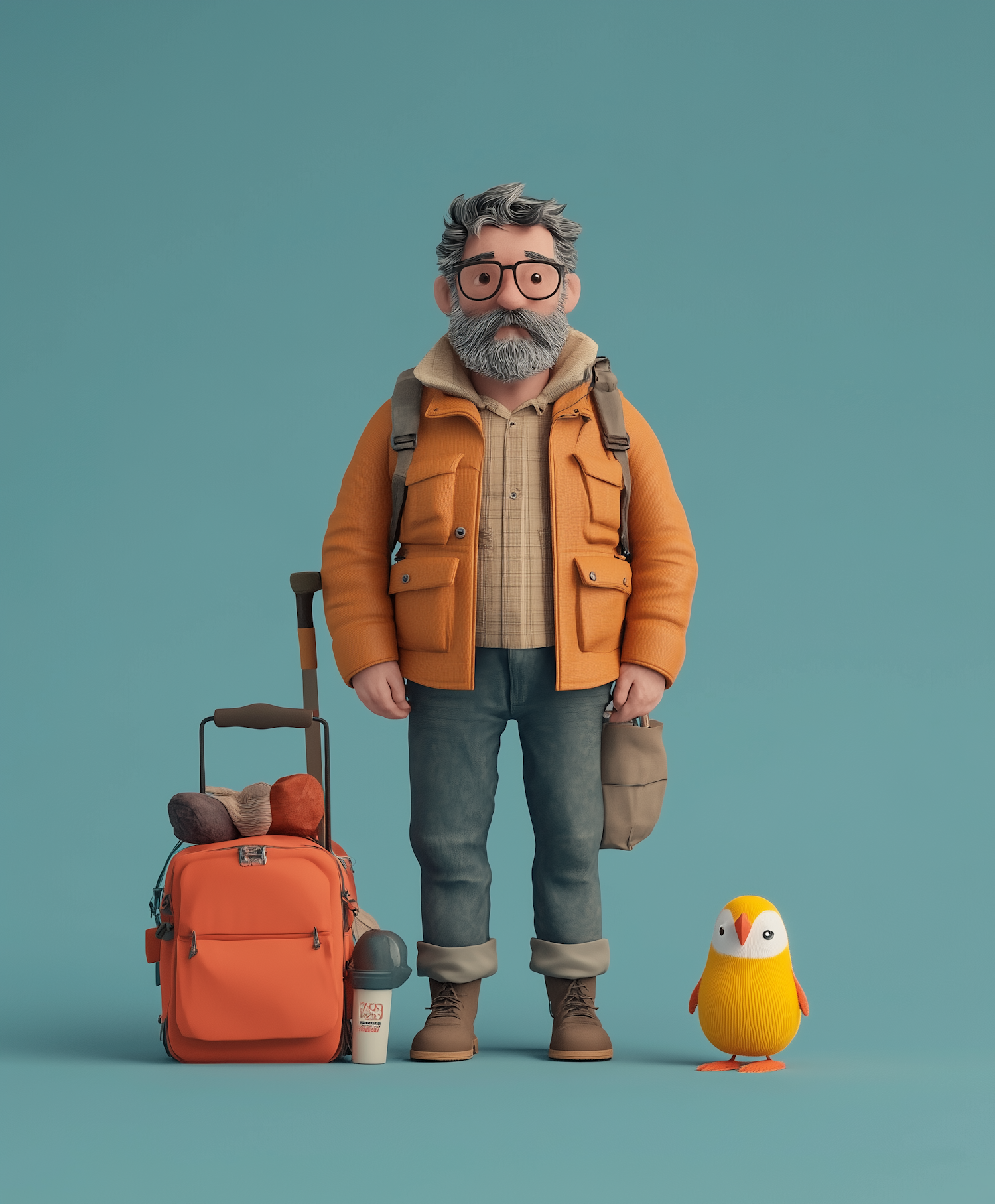 Elderly Traveler with Anthropomorphic Bird