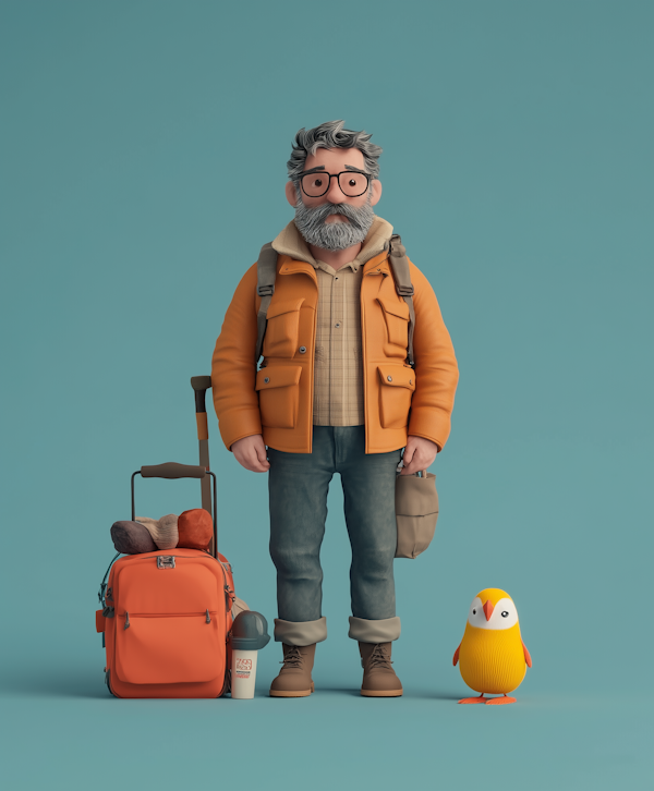 Elderly Traveler with Anthropomorphic Bird