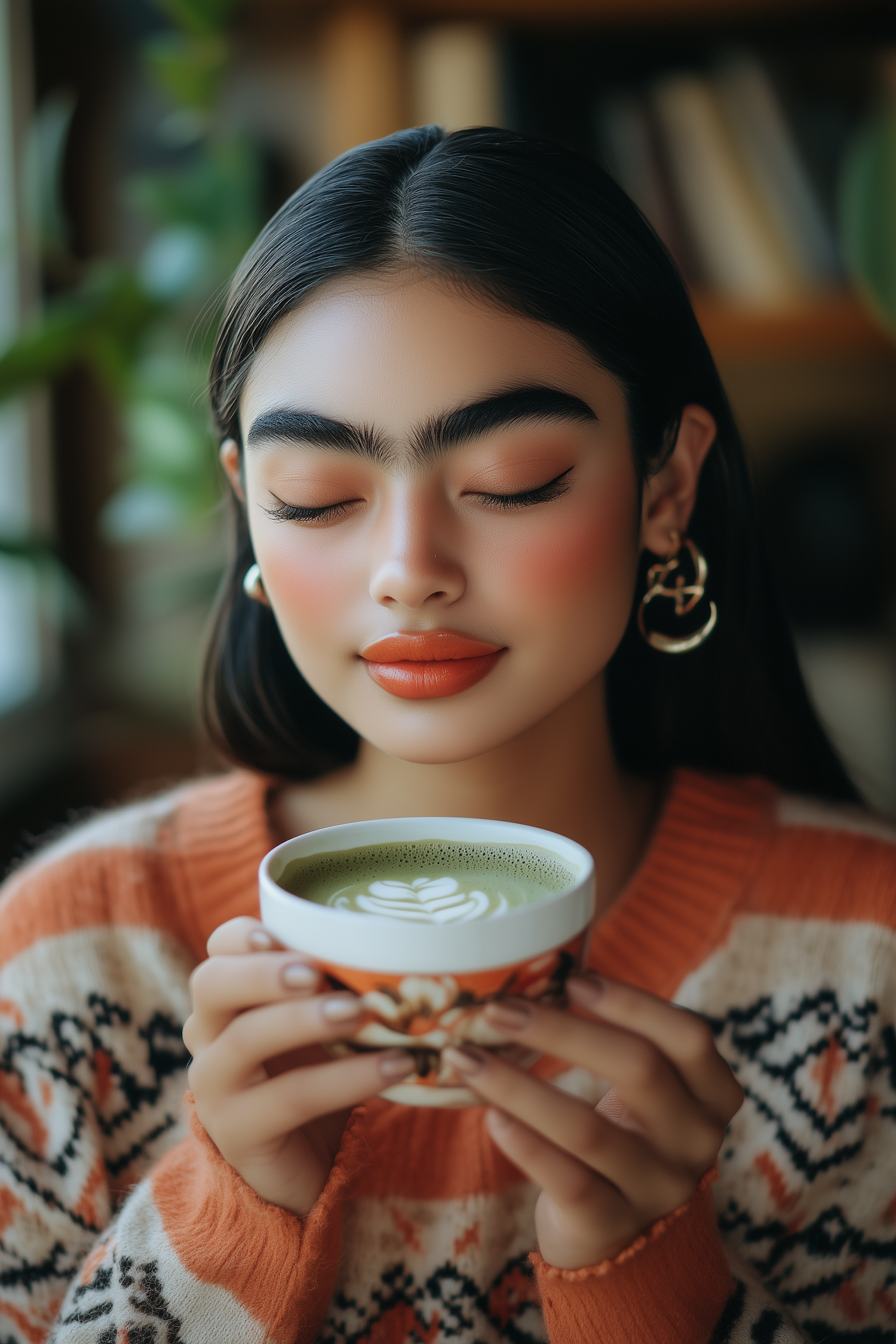 Serene Woman with Matcha Latte