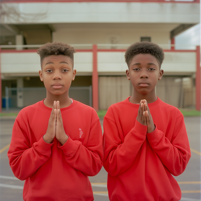 Twin Boys in Red Sweaters at School