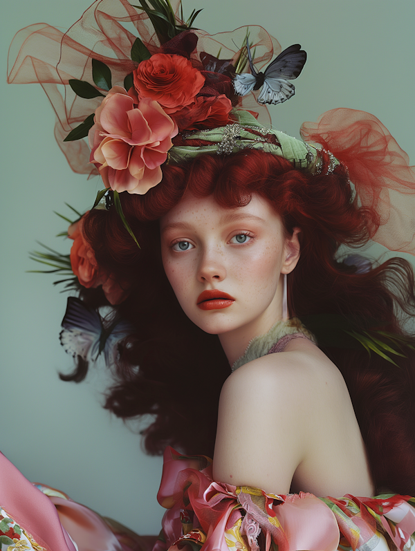 Fantasy Portrait of Woman with Red Hair and Flowers