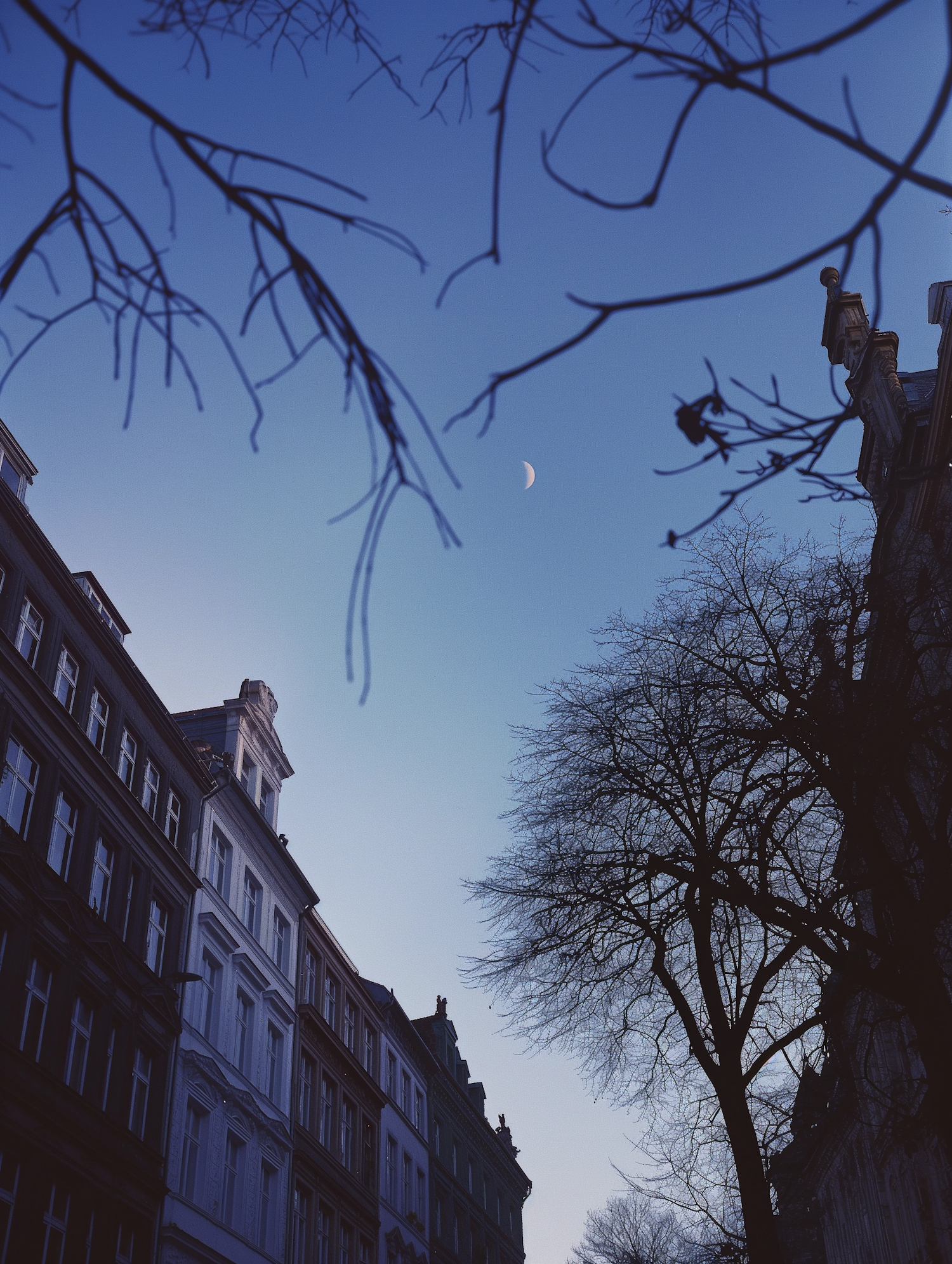 Twilight Cityscape with Crescent Moon