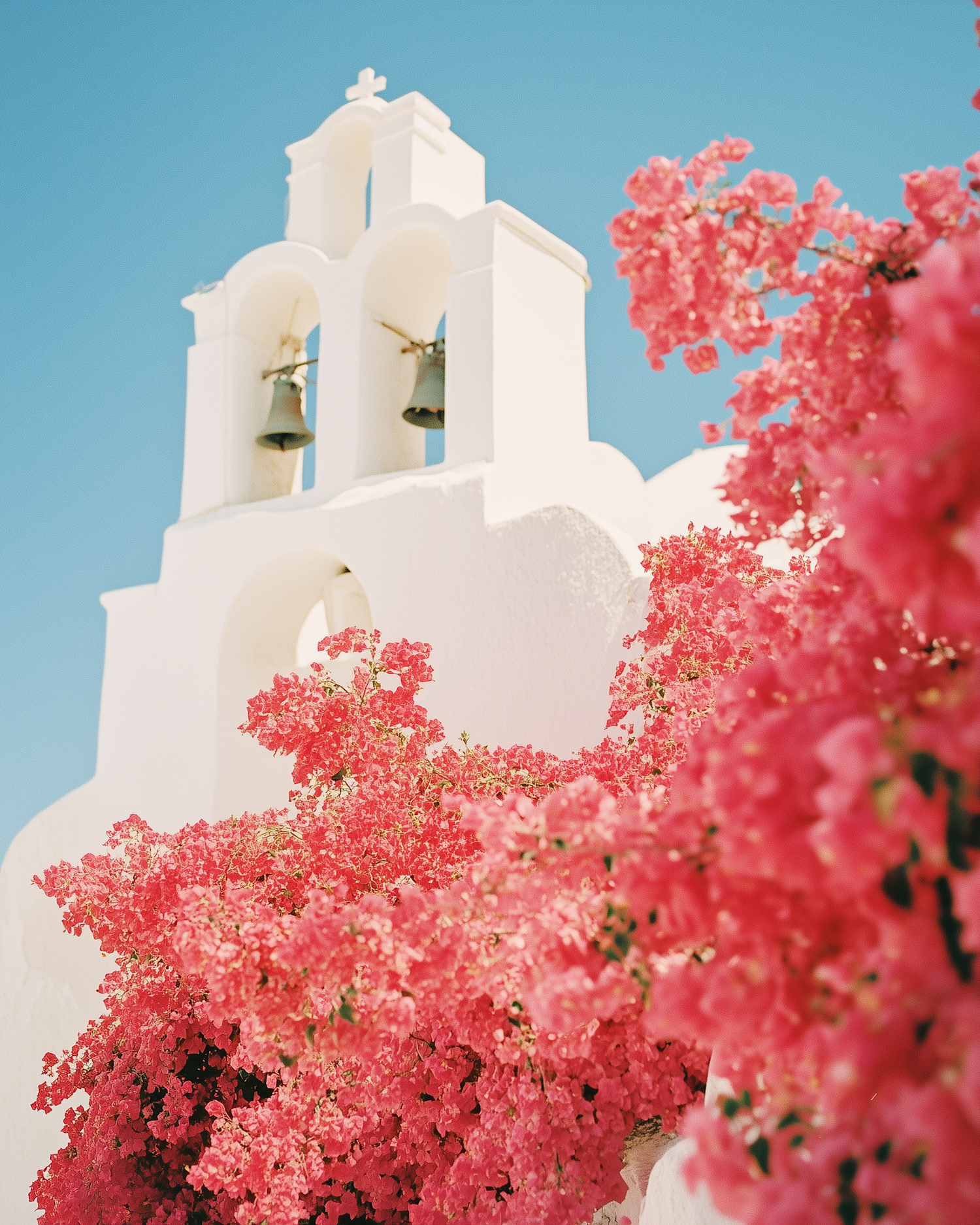 White Bell Tower with Bougainvillea