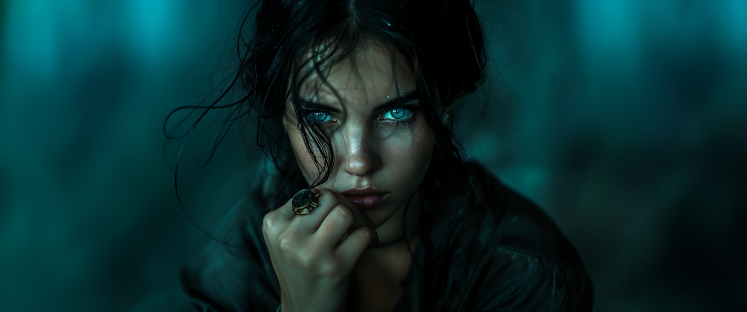 Mysterious Woman with Intense Blue Eyes