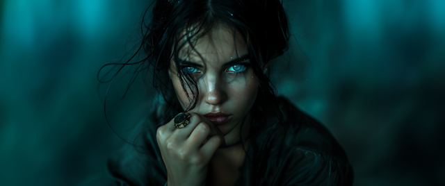 Mysterious Woman with Intense Blue Eyes