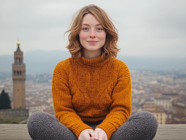 Smiling Woman in Orange Sweater with Cityscape Background