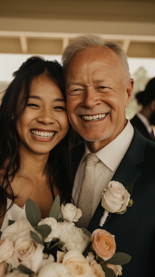 Joyful Moment between Older Man and Younger Woman