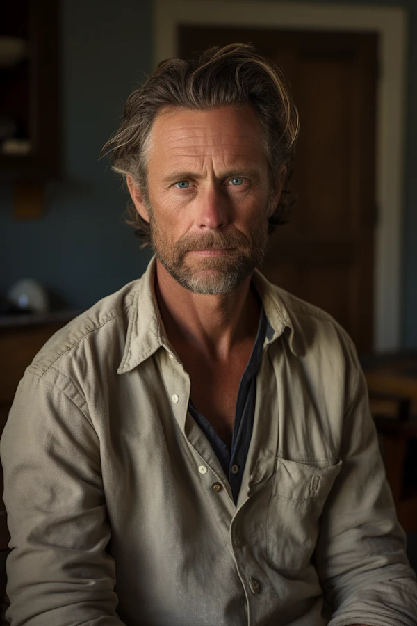 Thoughtful Rugged Man with Blue Eyes