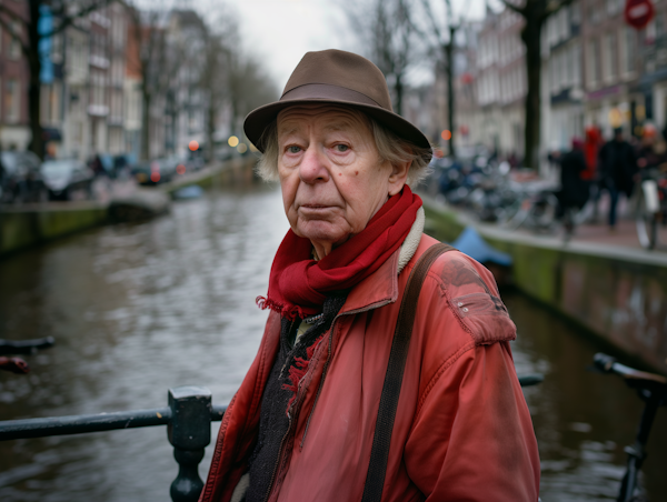 Contemplative Elderly Person by the Canal