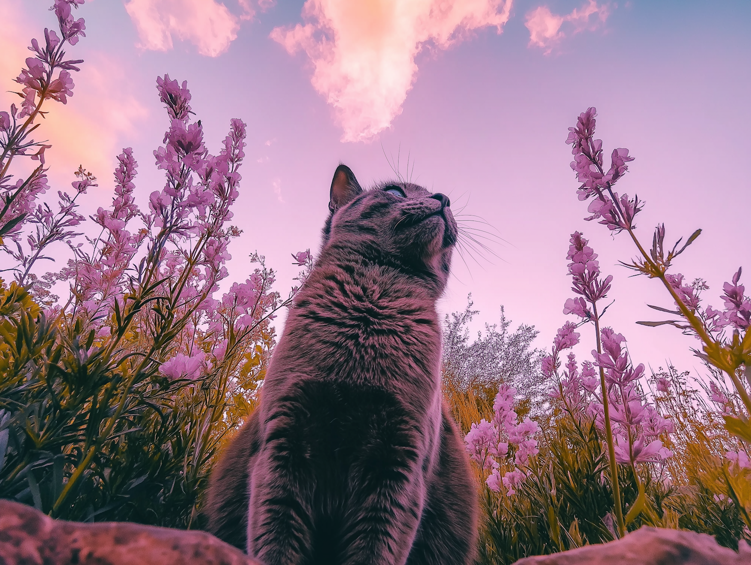 Serene Cat Amongst Flowers Under a Dreamy Sky