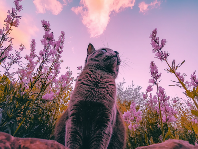 Serene Cat Amongst Flowers Under a Dreamy Sky