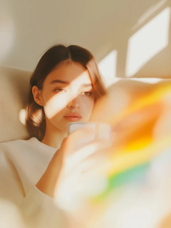 Contemplative Woman with Smartphone