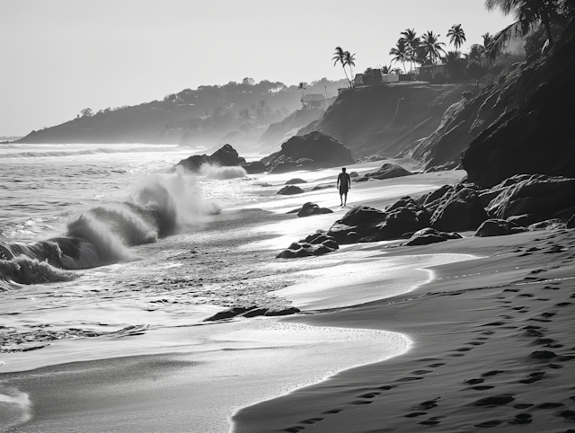 Solitary Stroll on a Tranquil Monochrome Beach