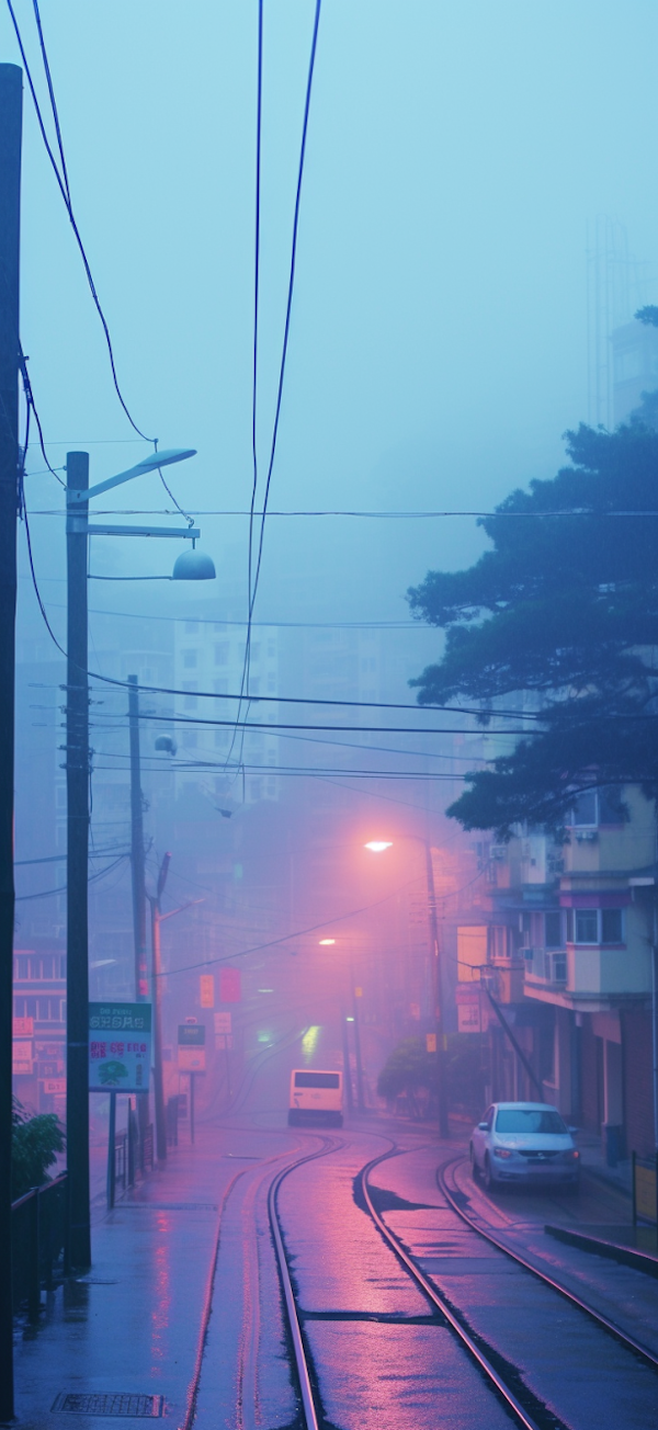 Misty Urban Dreamscape with Tram Tracks