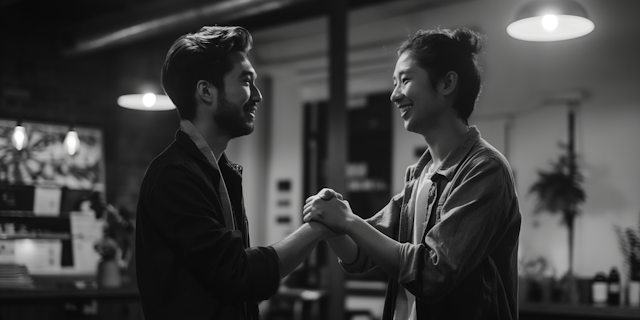 Joyful East Asian Pair in Black-and-White