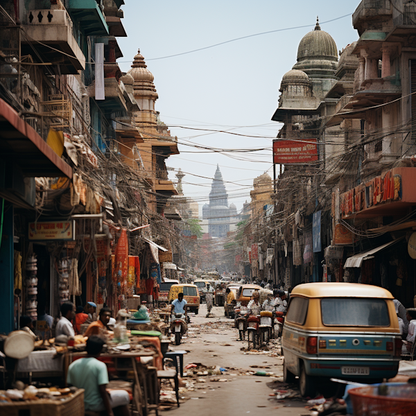 Bustling Indian City Street with Historical Monument