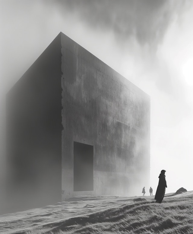 Mystical Cube in Misty Landscape