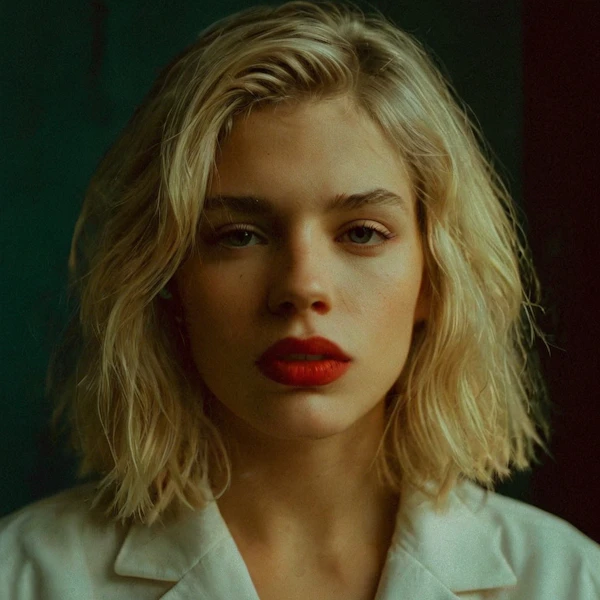 Portrait of a Person with Blonde Hair and Red Lipstick