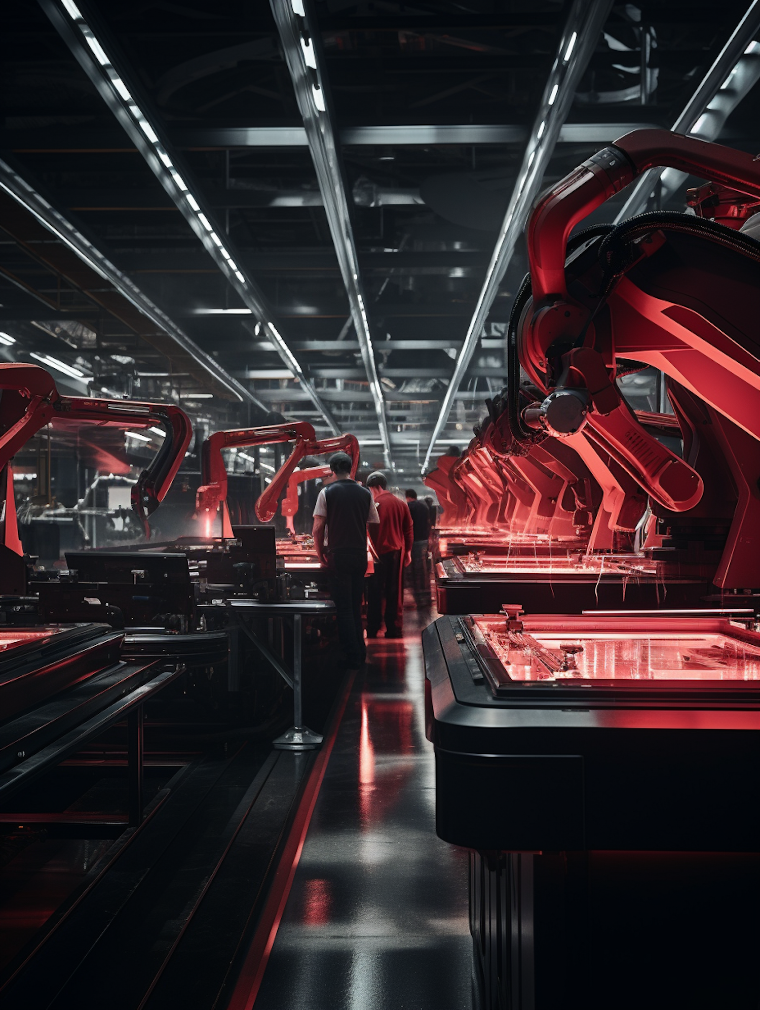 Futuristic Red Robot Arms Assembly Line with Human Oversight