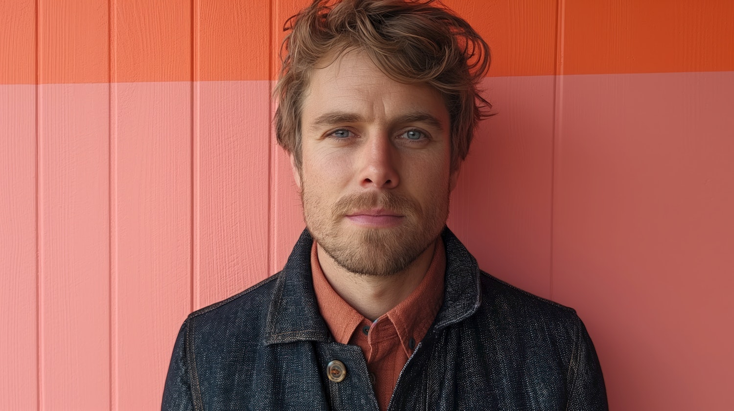 Man in Denim Jacket Against Two-Toned Background