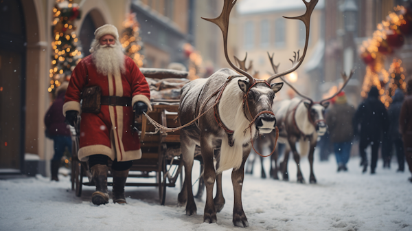 Santa Claus with Reindeer Team on a Snowy Street