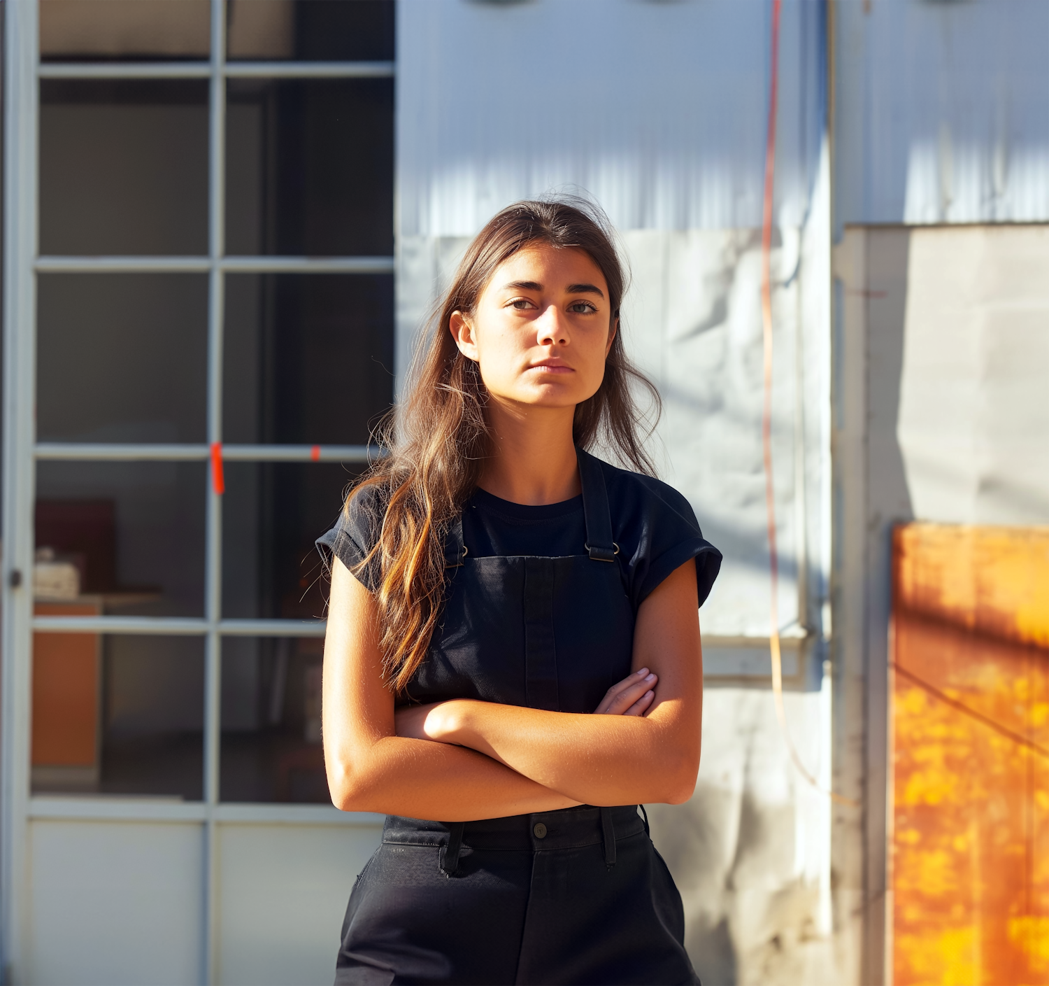 Contemplative Young Woman with Industrial Backdrop