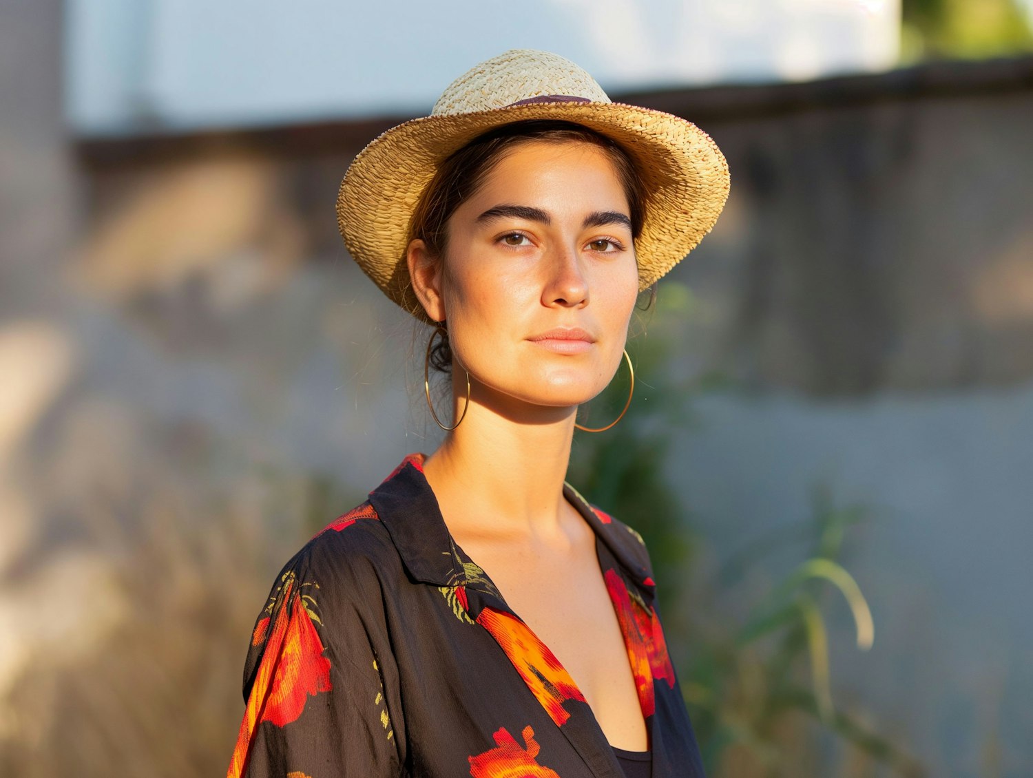 Serene Woman in Floral Shirt and Straw Hat