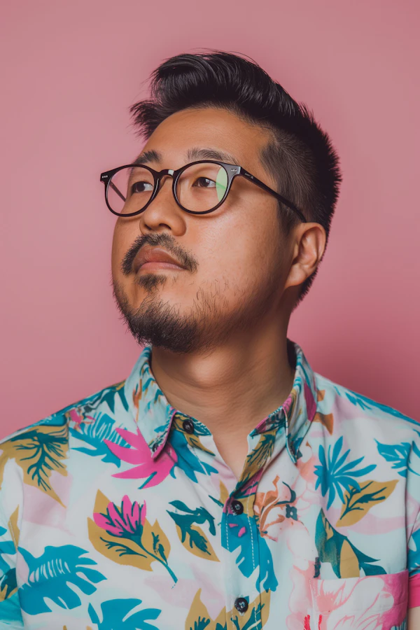 Contemplative Young Man in Floral Shirt