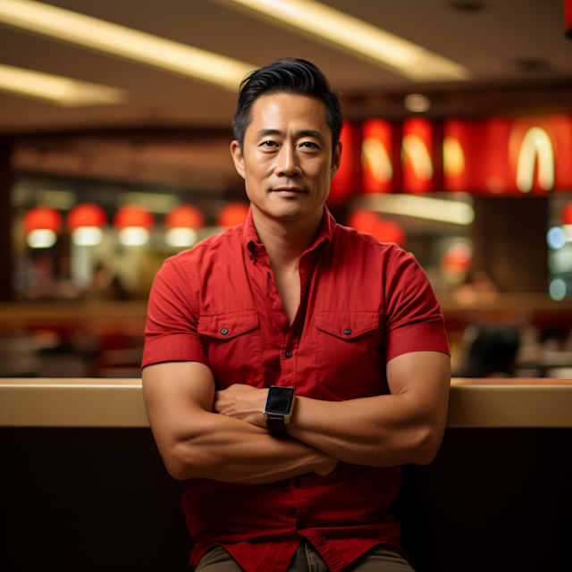 Confident Man in Red Shirt with Smartwatch