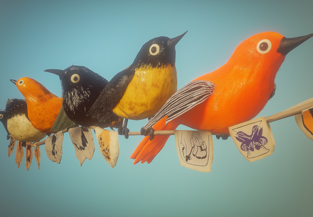 Colorful Stylized Birds on a Line