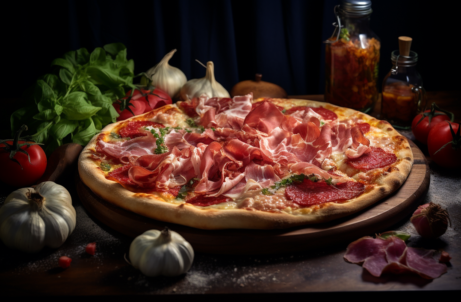 Artisanal Prosciutto and Pepperoni Pizza on Rustic Wooden Board