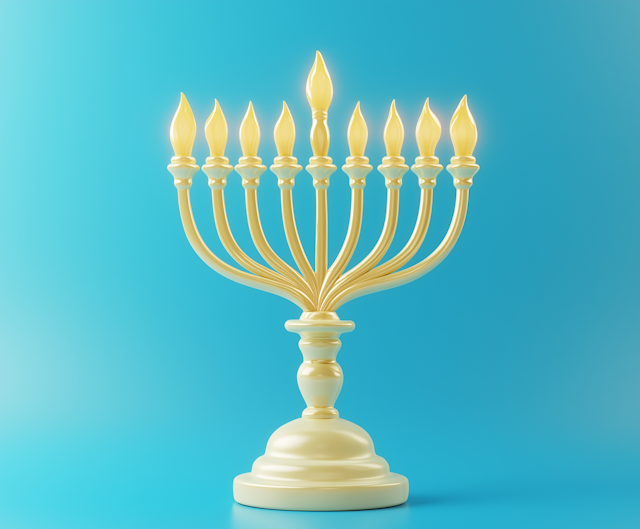 Golden Menorah on Turquoise Background