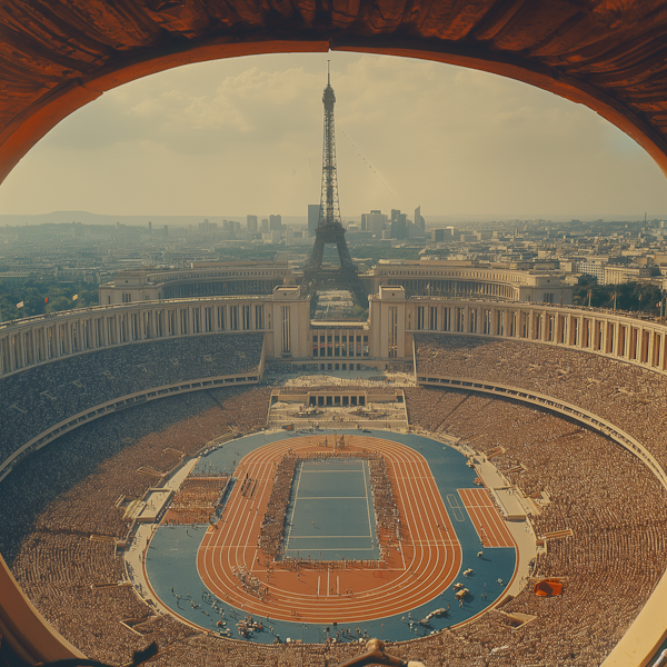 Aerial Retro Parisian Olympic Venue with Eiffel Tower