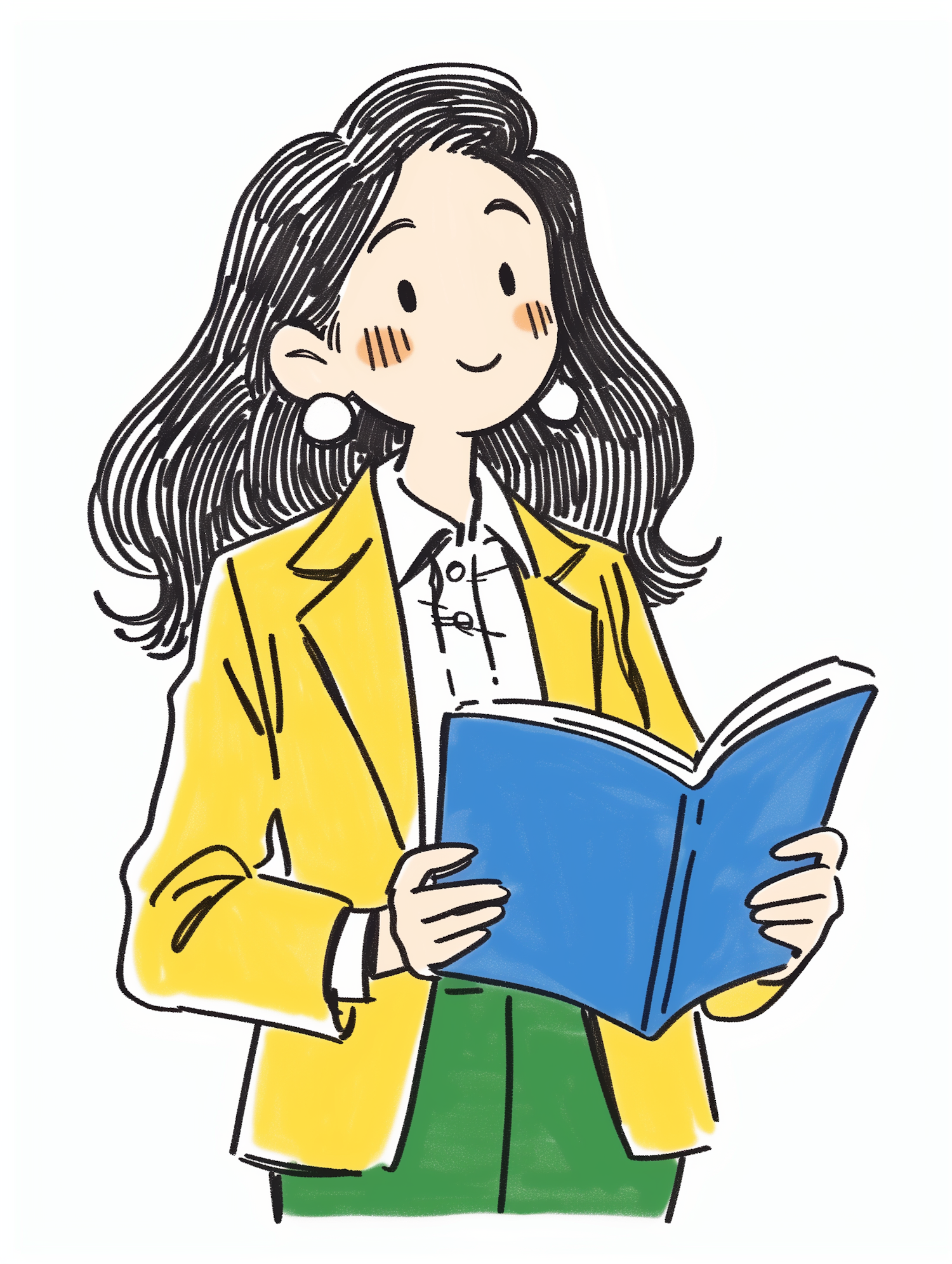 Smartly Dressed East Asian Cartoon Woman Holding Book