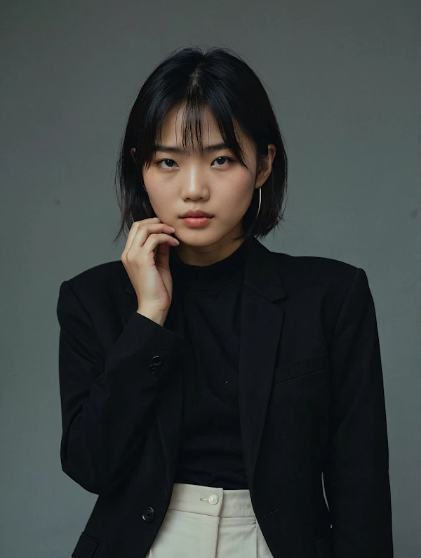 Contemplative Woman in Black Blazer