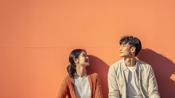 Affectionate Gaze and Contemplative Pose Against a Warm Orange Backdrop