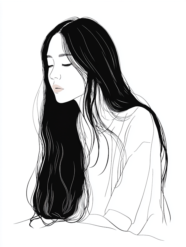 Serene Monochrome Illustration of a Young Woman