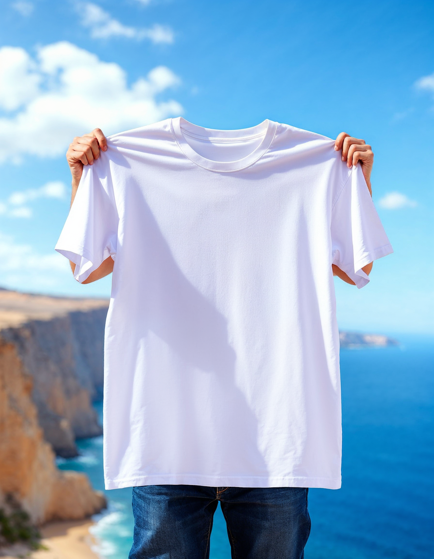 T-Shirt Display Against Coastal Backdrop