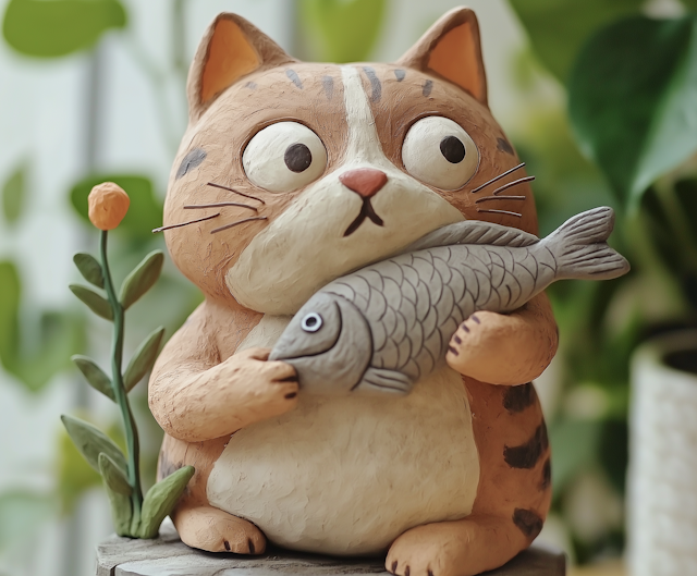 Whimsical Cat and Fish Statue