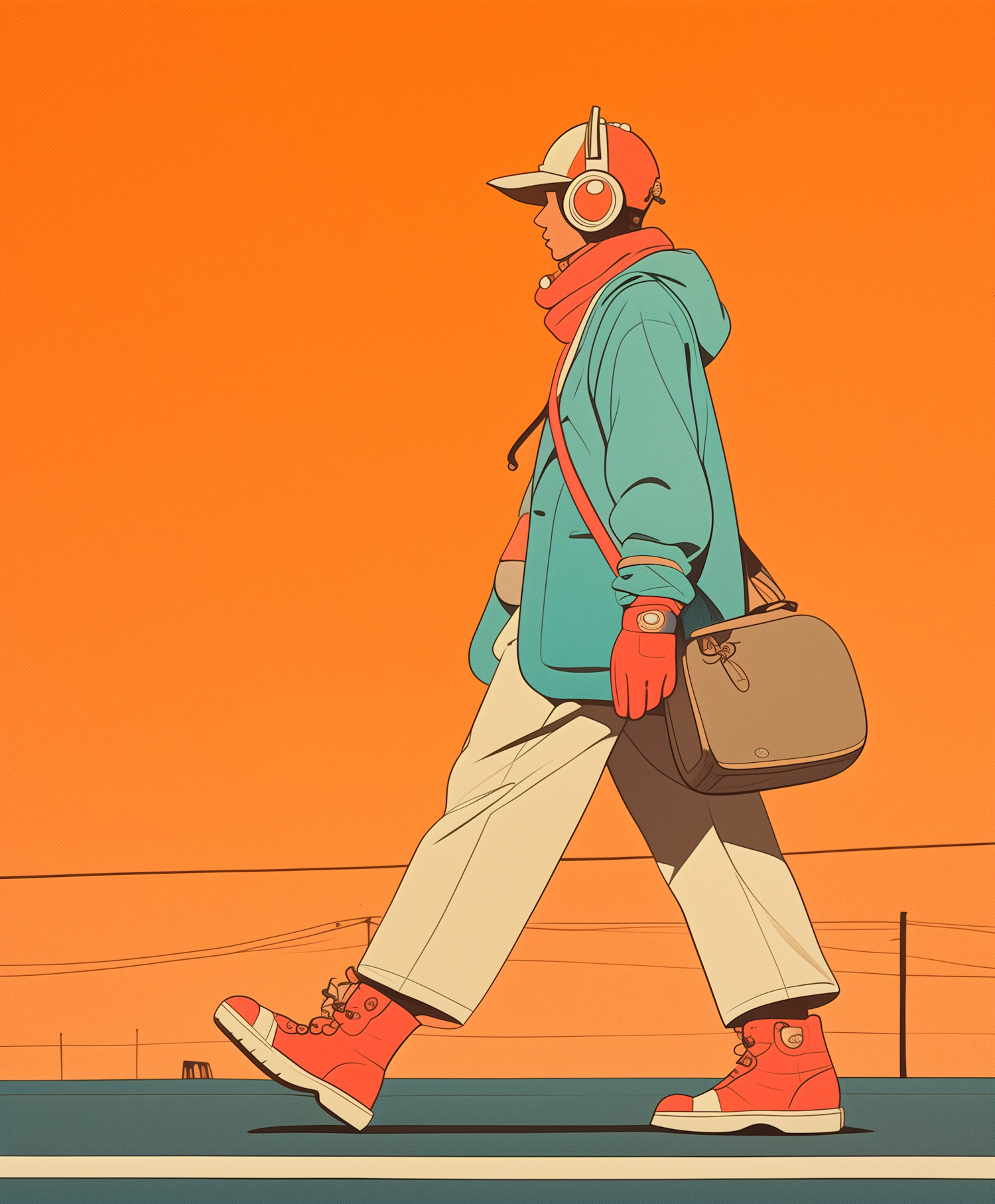 Person Walking Against Vibrant Orange Background