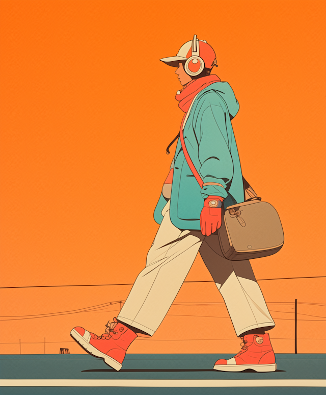 Person Walking Against Vibrant Orange Background