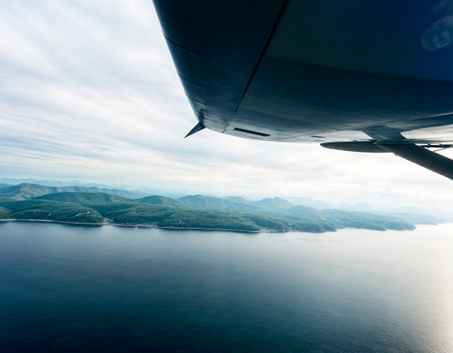 Aerial View of Coastline and Airplane Wing