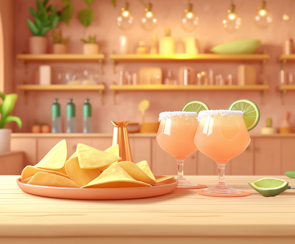 Cozy Kitchen Dining Scene with Nachos and Margaritas