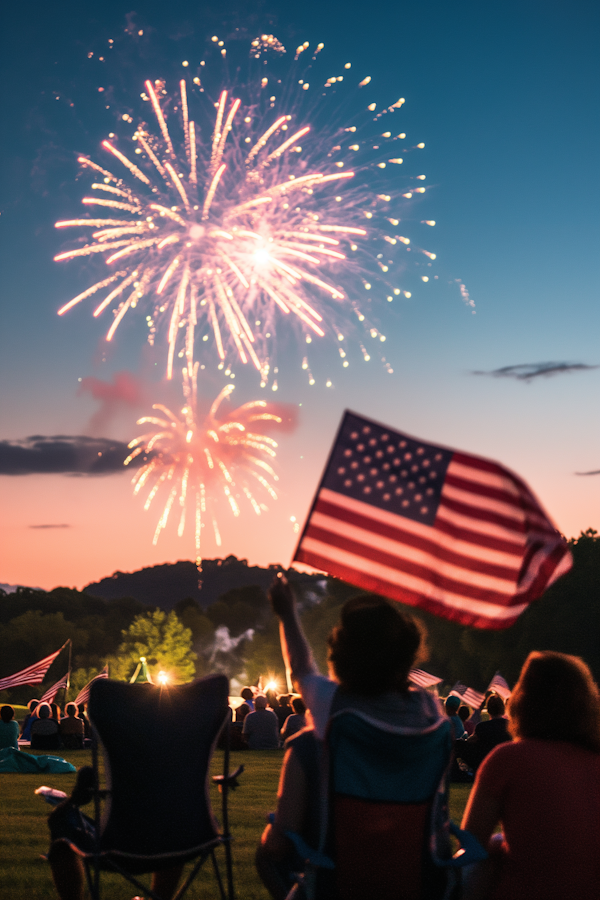 Twilight Firework Celebration with American Flag