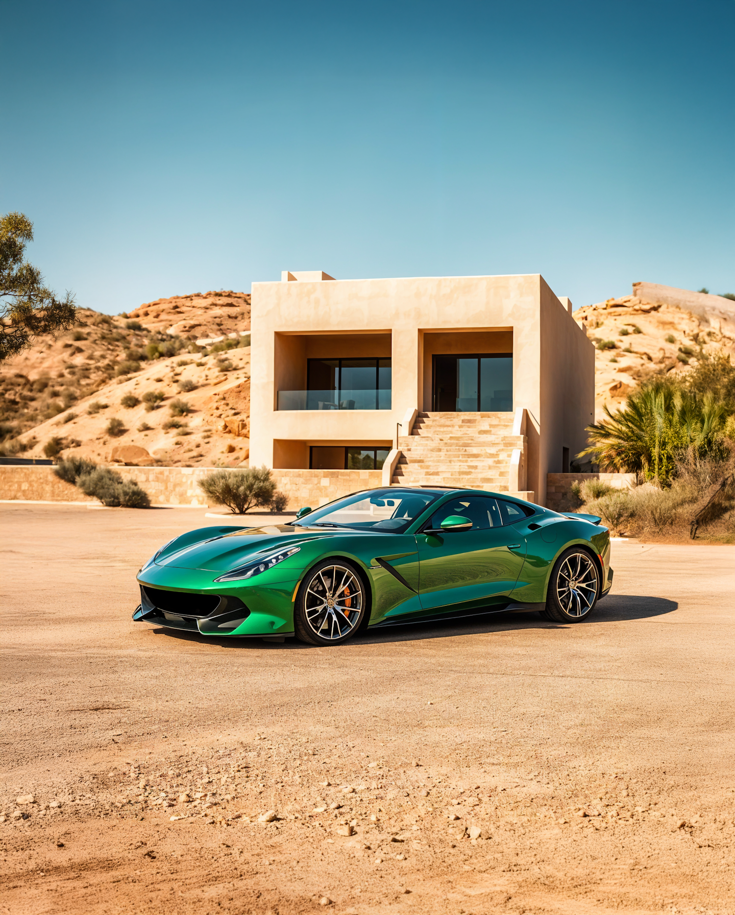 Sleek Green Sports Car in Desert Setting