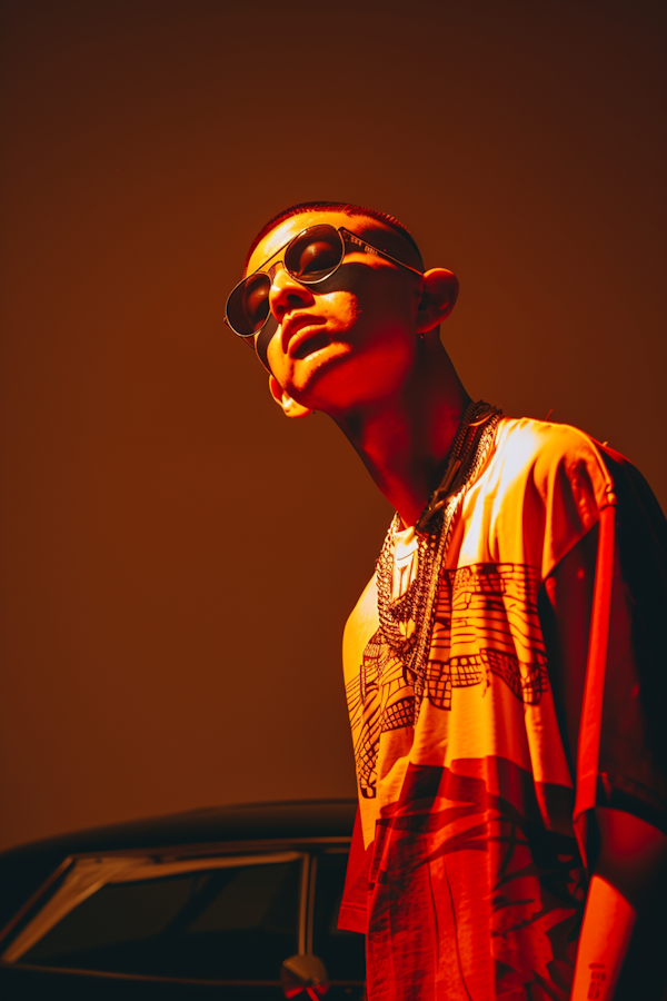 Young Man with Cool Demeanor in Red-Orange Light