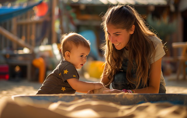 Young Woman and Baby Playful Moment in Sandbox